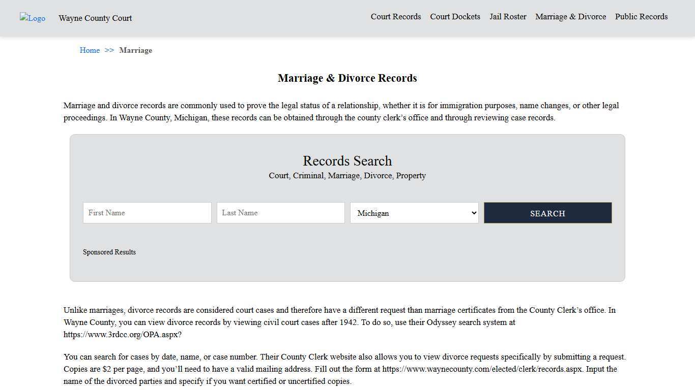 Marriage & Divorce Records | Wayne County Court